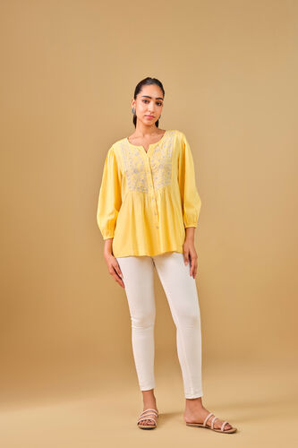 Floral Embroidered Yellow Viscose Top, Yellow, image 2